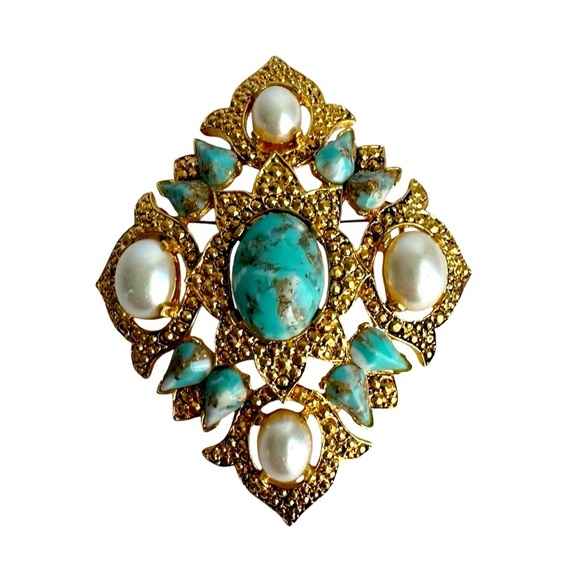 Vintage Sarah Coventry Brooch Faux Turquoise & Pearl Shield Pin Pendant Large - Picture 1 of 9